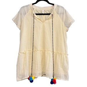 L Love Light Yellow Peplum Blouse with Vibrant Braided Pom Pom Tassels Size M